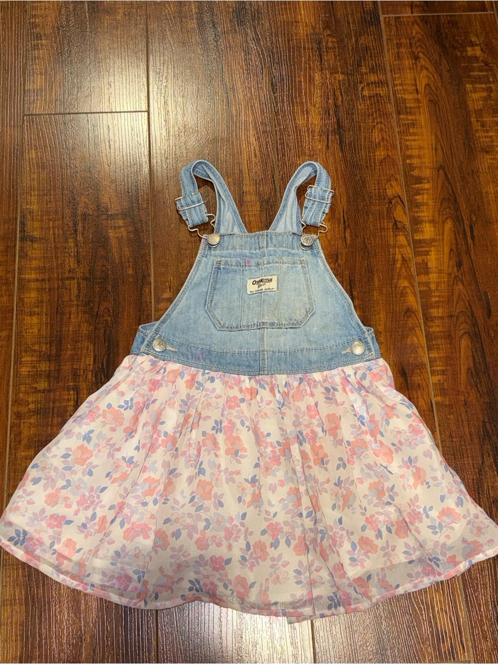 OshKosh B'gosh Light Blue Denim Overall Dress with Pink Floral Skirt